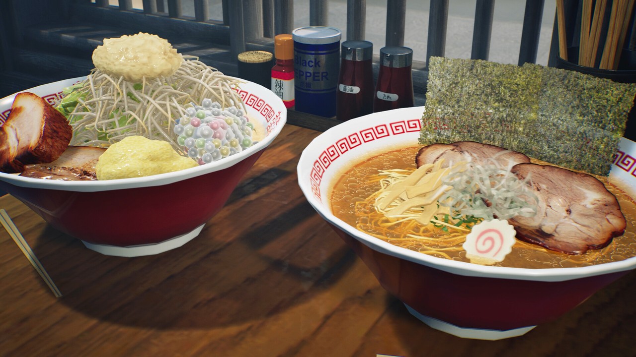 Two bowls of ramen on a wooden table, with condiment bottles behind them.